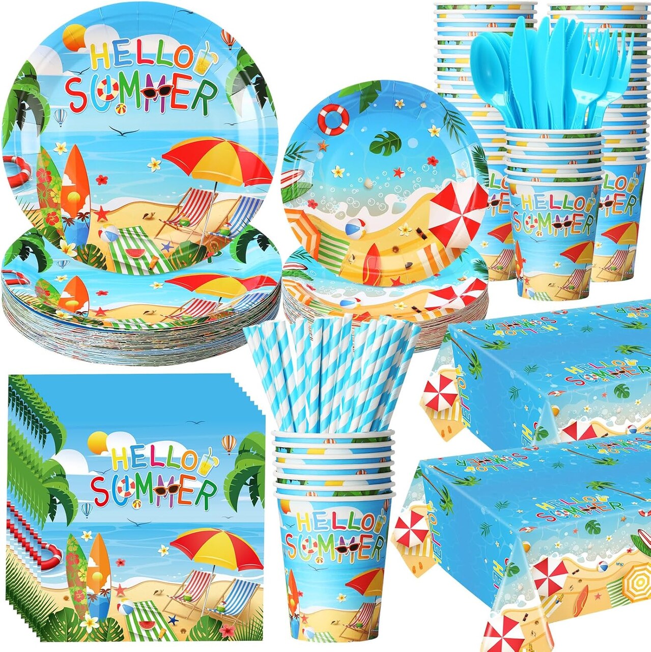 452 Pcs Hello Summer Theme Decorations Hawaiian Beach Disposable Party Supplies (Blue)